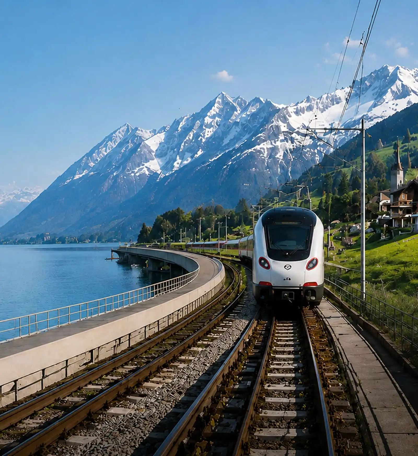 Regional train on the shore of an alpine lake in Switzerland